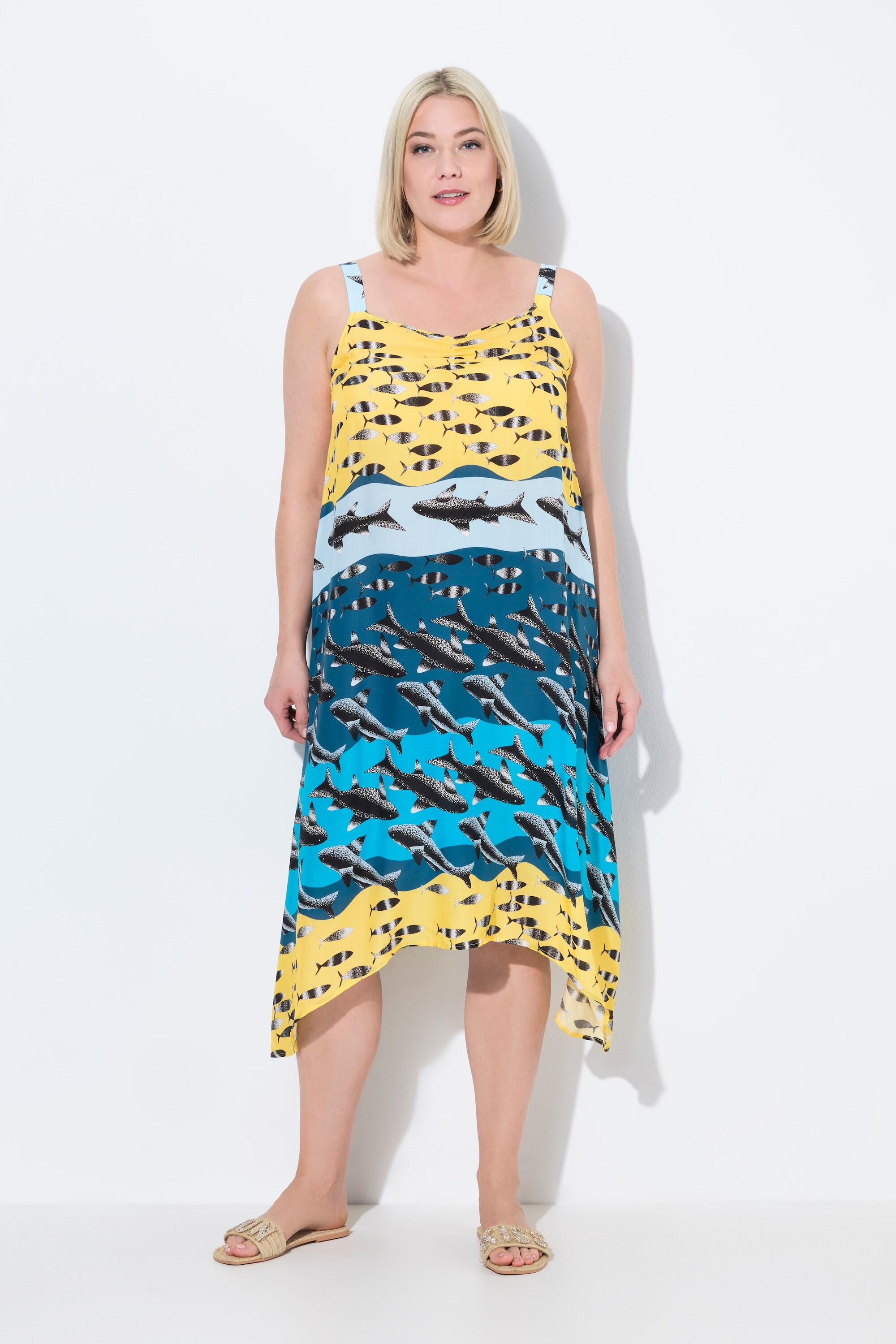 Femme Robe de plage sans manches. Imprimé poissons. Décolleté V. Coupe évasée 1/7