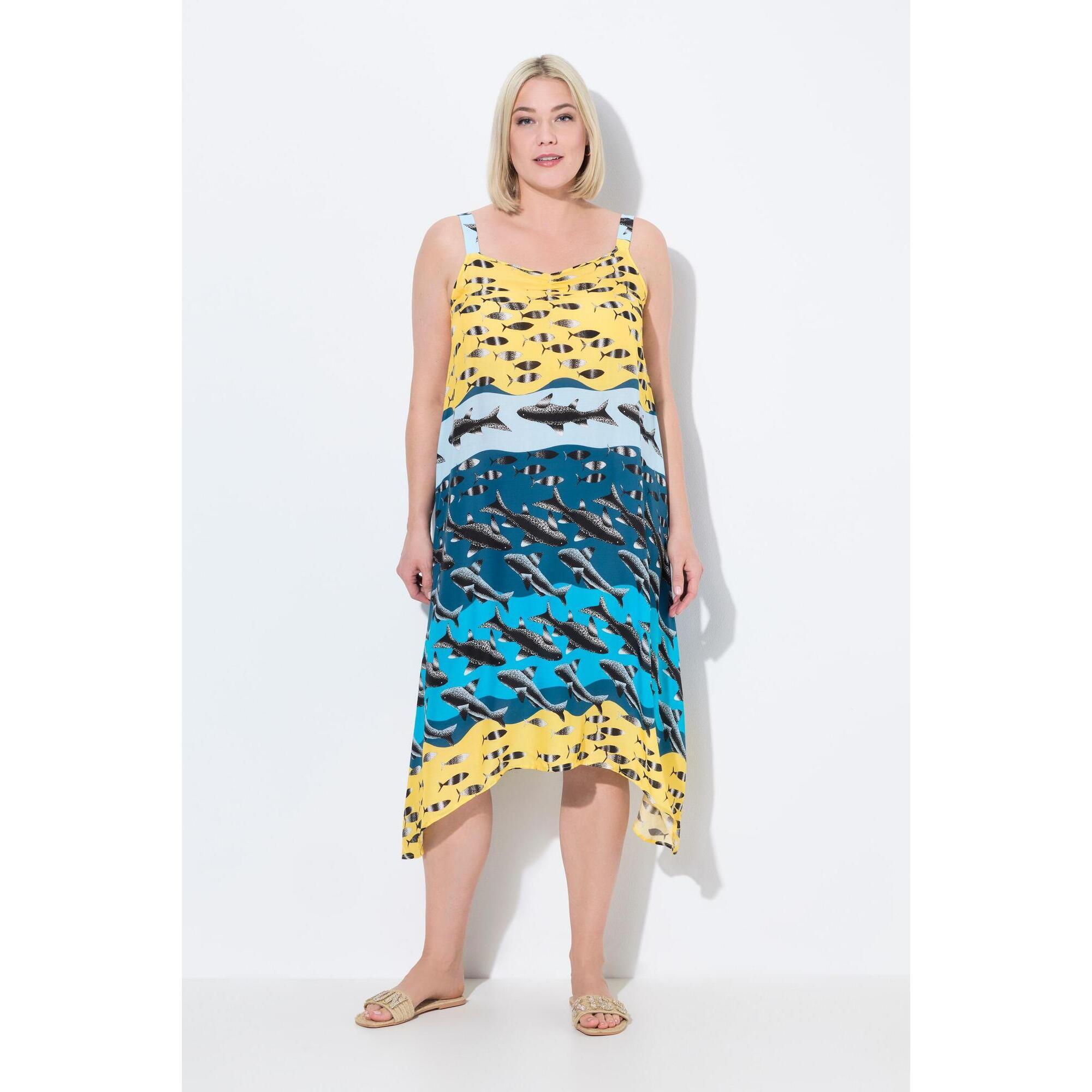 Ulla Popken - Femme Robe De Plage Sans Manches. Imprimé Poissons. Décolleté V. Coupe Évasée - Robe - Vert - Decathlon