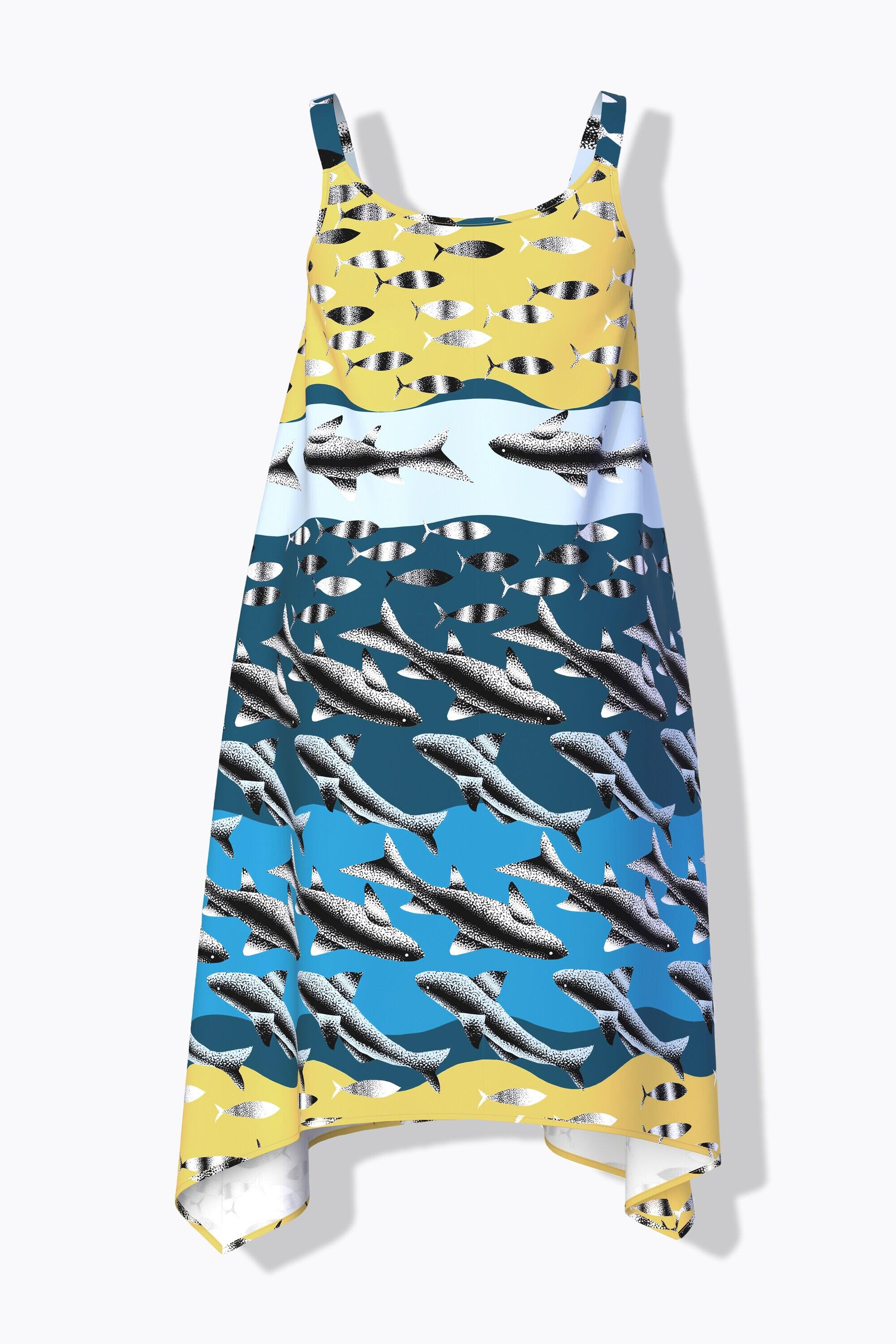 Femme Robe de plage sans manches. Imprimé poissons. Décolleté V. Coupe évasée 7/7