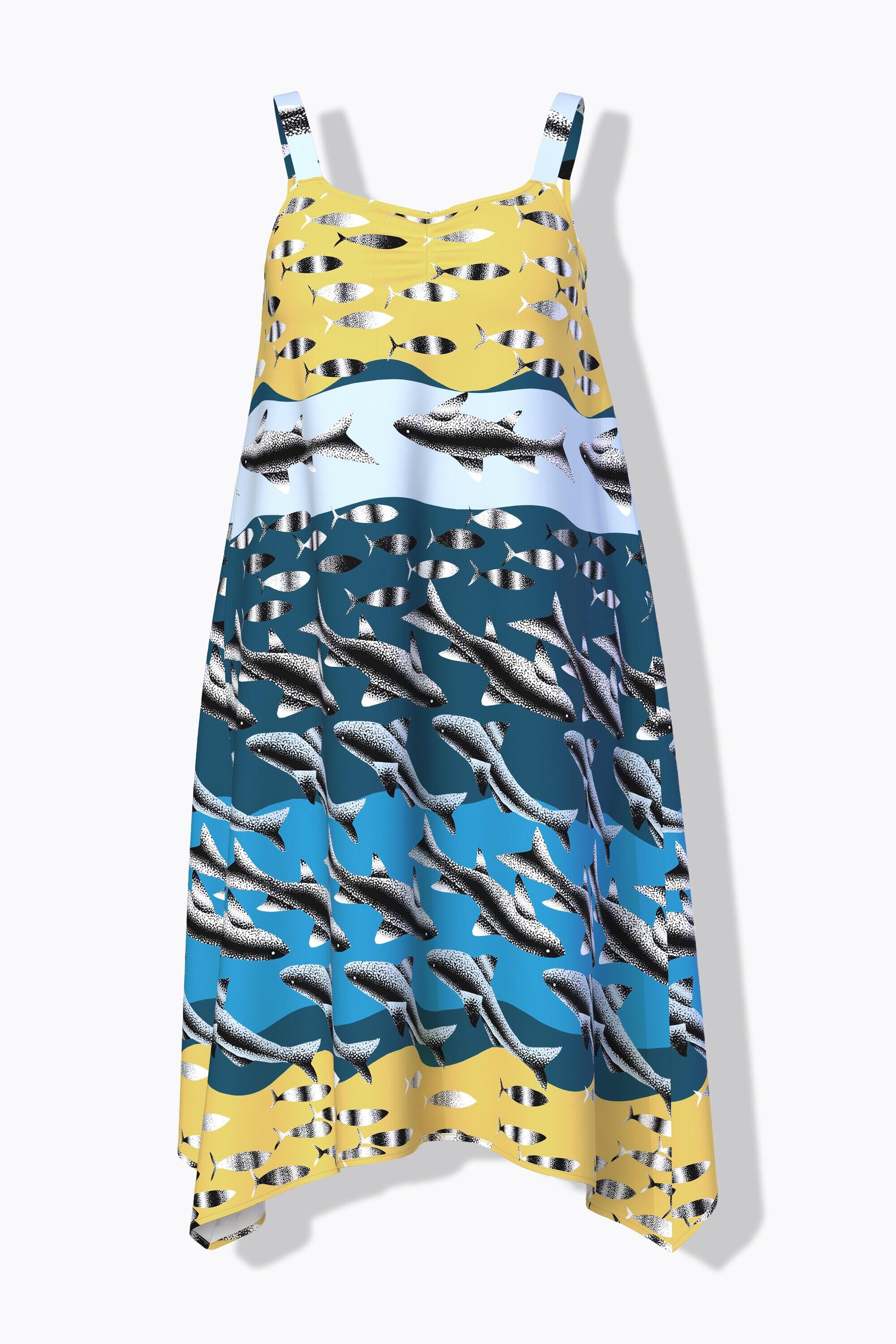 Femme Robe de plage sans manches. Imprimé poissons. Décolleté V. Coupe évasée 6/7