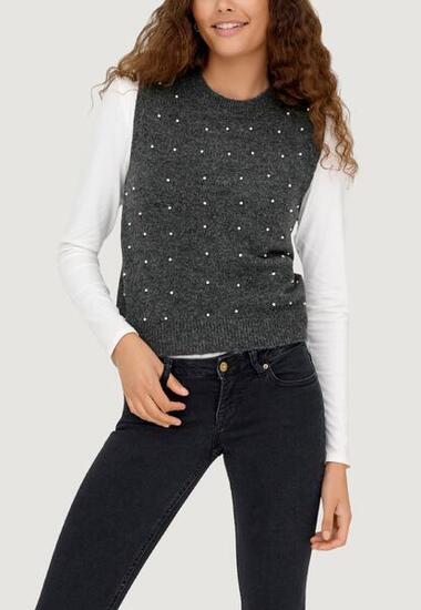 WOMEN'S Bandeau Onlrenata Life Sl O-Neck Pearl Vest Knt DUNKELGRAU
