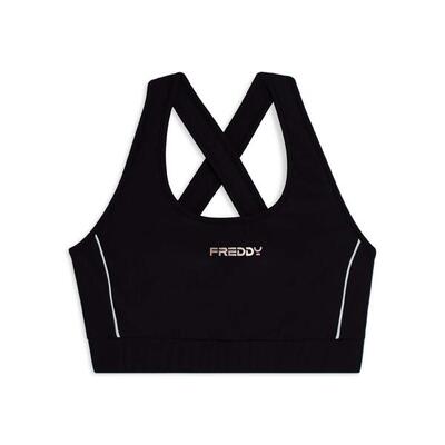 Top tecnico con spalline incrociate e profili bianchi