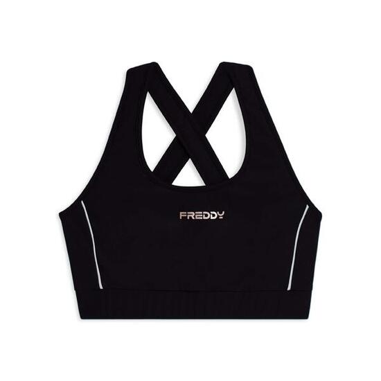 Top tecnico con spalline incrociate e profili bianchi