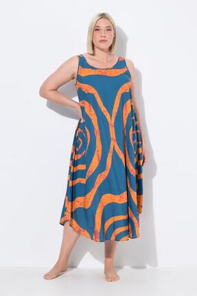 Damen Midikleid Kreise A-Linie Rundhals ärmellos