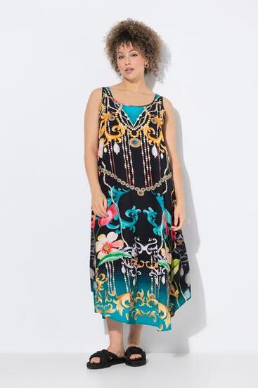 Damen Kleid Barock-Druck A-Linie Rundhals ärmellos