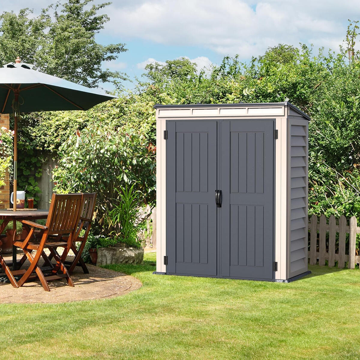 Caseta jardín YardMate Pent Plus 5×3 PVC gris claro/oscuro 2/6