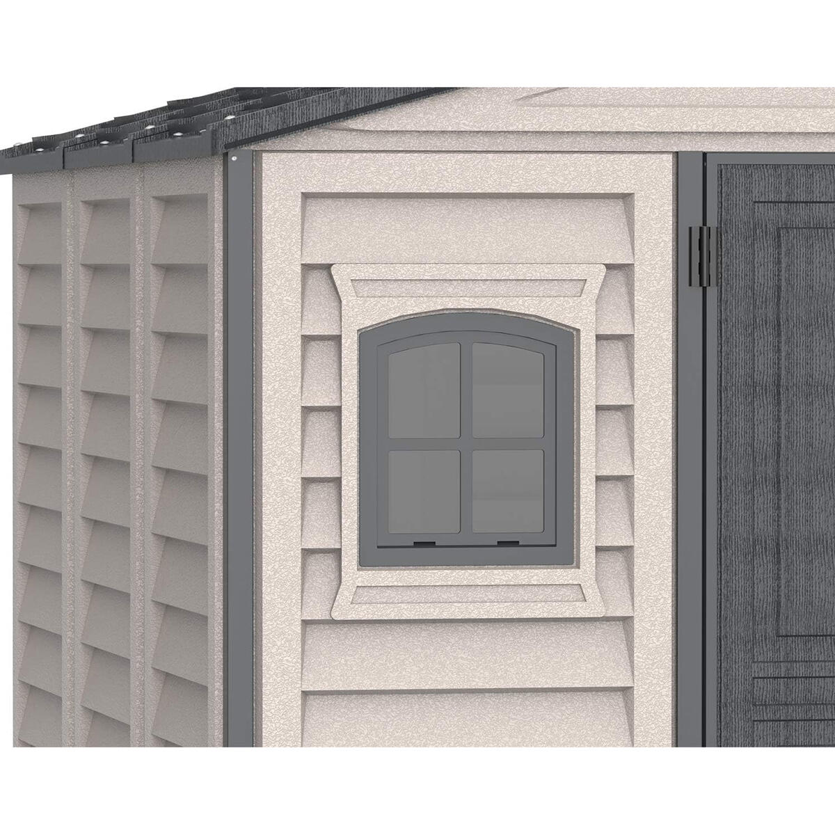 Caseta jardín Woodbridge Plus 10.5×8 PVC gris claro/oscuro 6/7