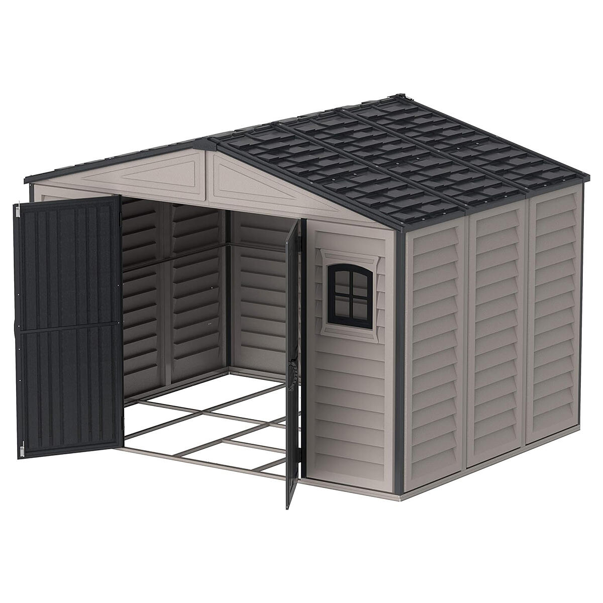 Caseta jardín Woodbridge Plus 10.5×8 PVC gris claro/oscuro 5/7
