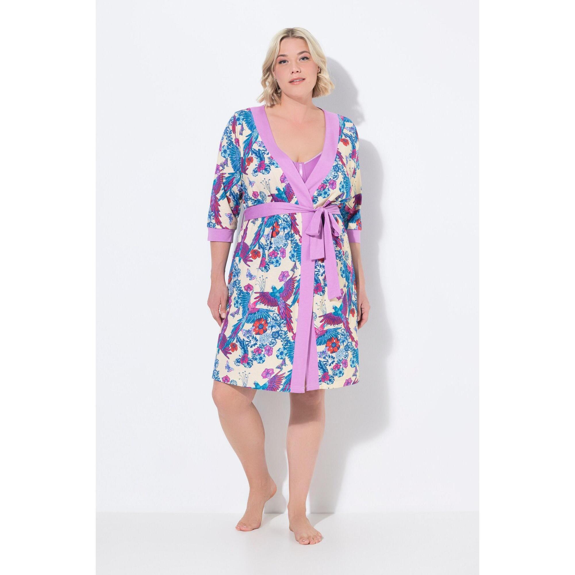 Ulla Popken - Femme Kimono Imprimé Perroquets. Décolleté V Et Manches 3/4. Ceinture À Nouer - Peignoir De Bain - Violet - 52 2xl - Decathlon