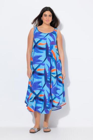 Damen Midikleid Blüten A-Linie Rundhals ärmellos