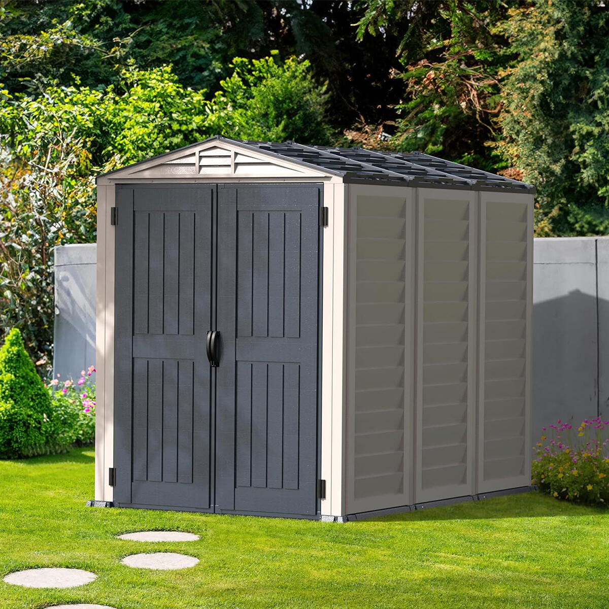 Caseta jardín YardMate Plus 5×8 PVC gris claro/oscuro 2/7