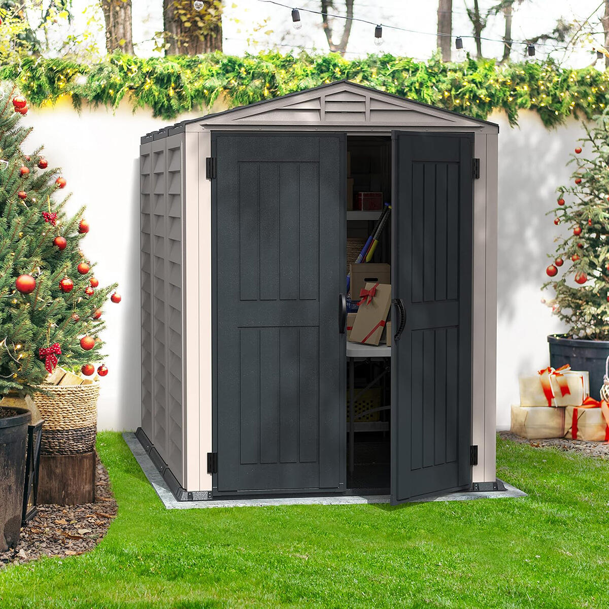 Caseta jardín YardMate Plus 5×8 PVC gris claro/oscuro 4/7