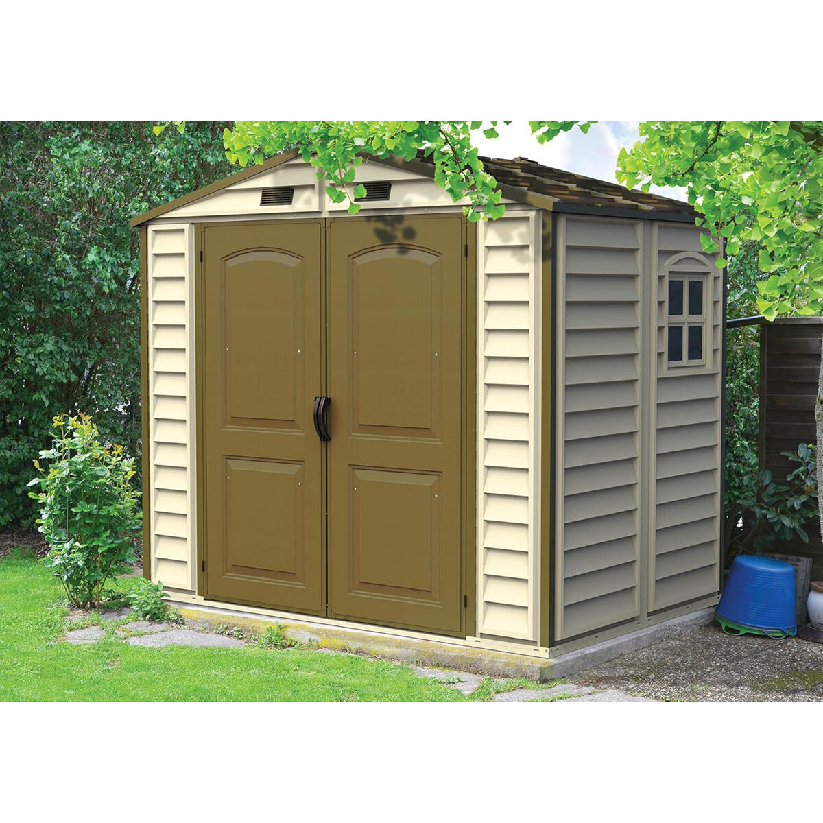 Caseta jardín StoreAll 8×6 PVC marfil/marrón 5/7
