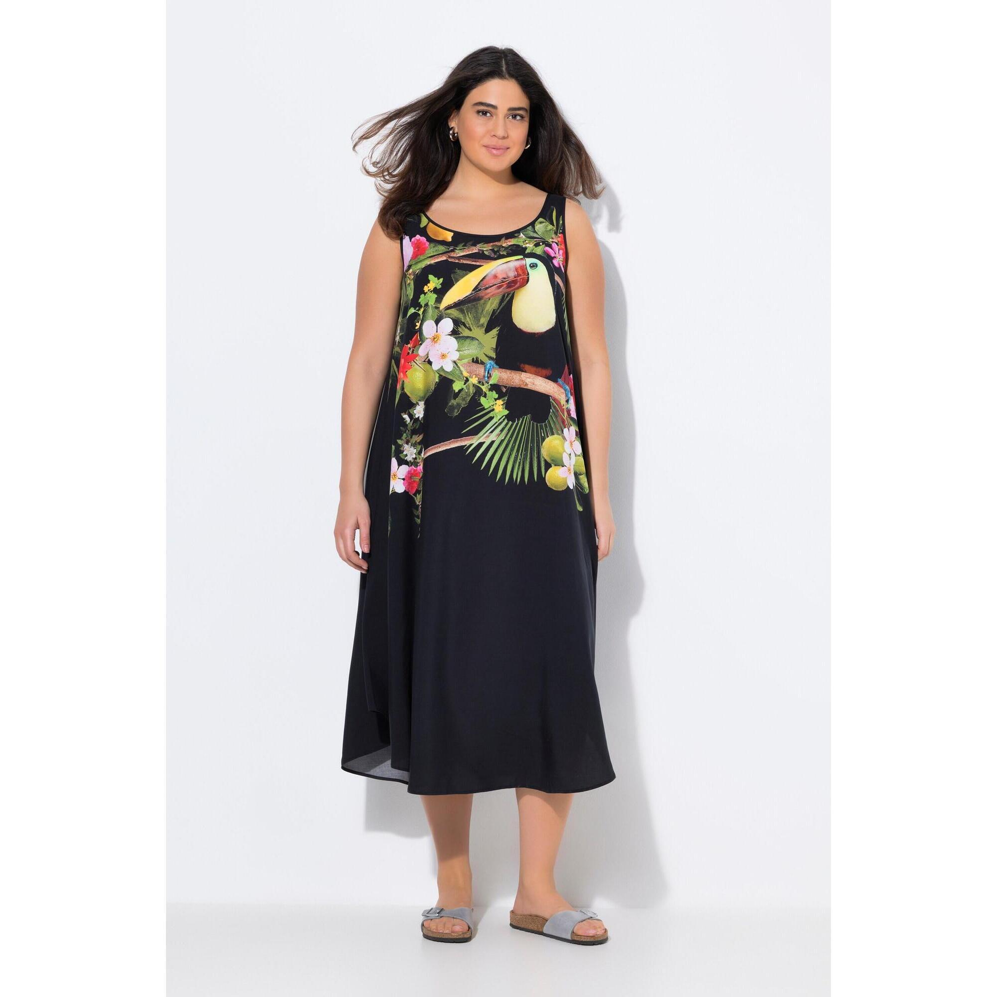 Ulla Popken - Femme Robe Midi Motif Toucan Forme Évasée Col Rond Sans Manches - Robe - Noir - 52 2xl - Decathlon