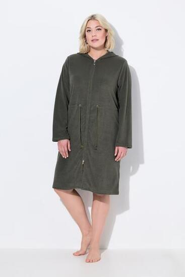 Damen Bademantel Kapuze Tunnelzug 2-Wege-Zipper Langarm