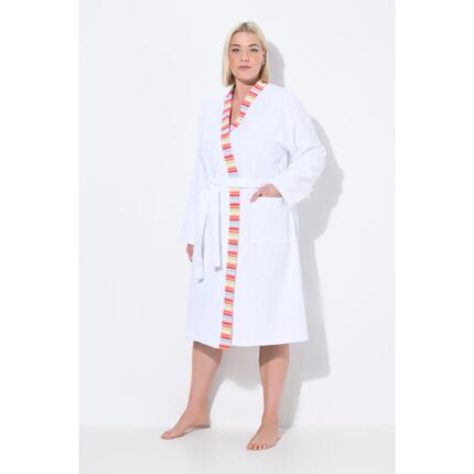 Damskie szlafrok z dzianiny dresowej brzegi w paski wiązany pasek długi rękaw