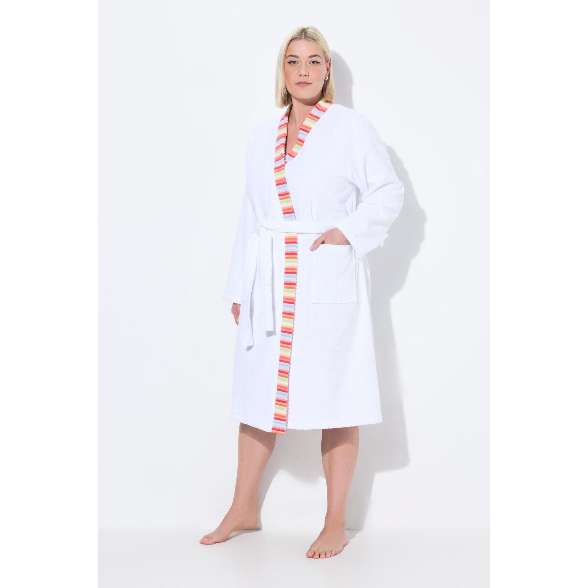 Ulla Popken - Femme Peignoir À Manches Longues. Ceinture À Nouer. Liseré Fantaisie À Rayures - Peignoir De Bain - Blanc - 44 L - Decathlon