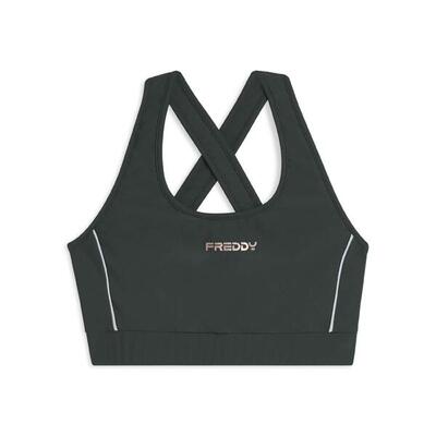 Top tecnico con spalline incrociate e profili bianchi