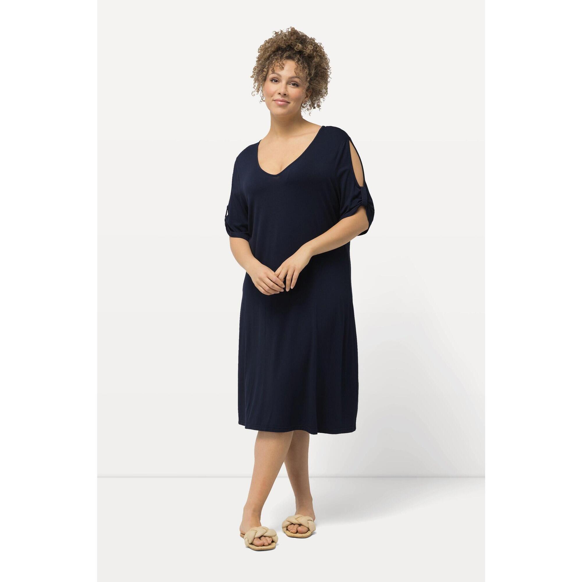Ulla Popken - Femme Robe De Plage En Jersey. Décolleté V. Ruban Fantaisie Et Manches Courtes - Robe - Bleu - 56 - Decathlon