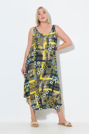 Damen Midikleid Dschungelmuster A-Linie Rundhals ärmellos