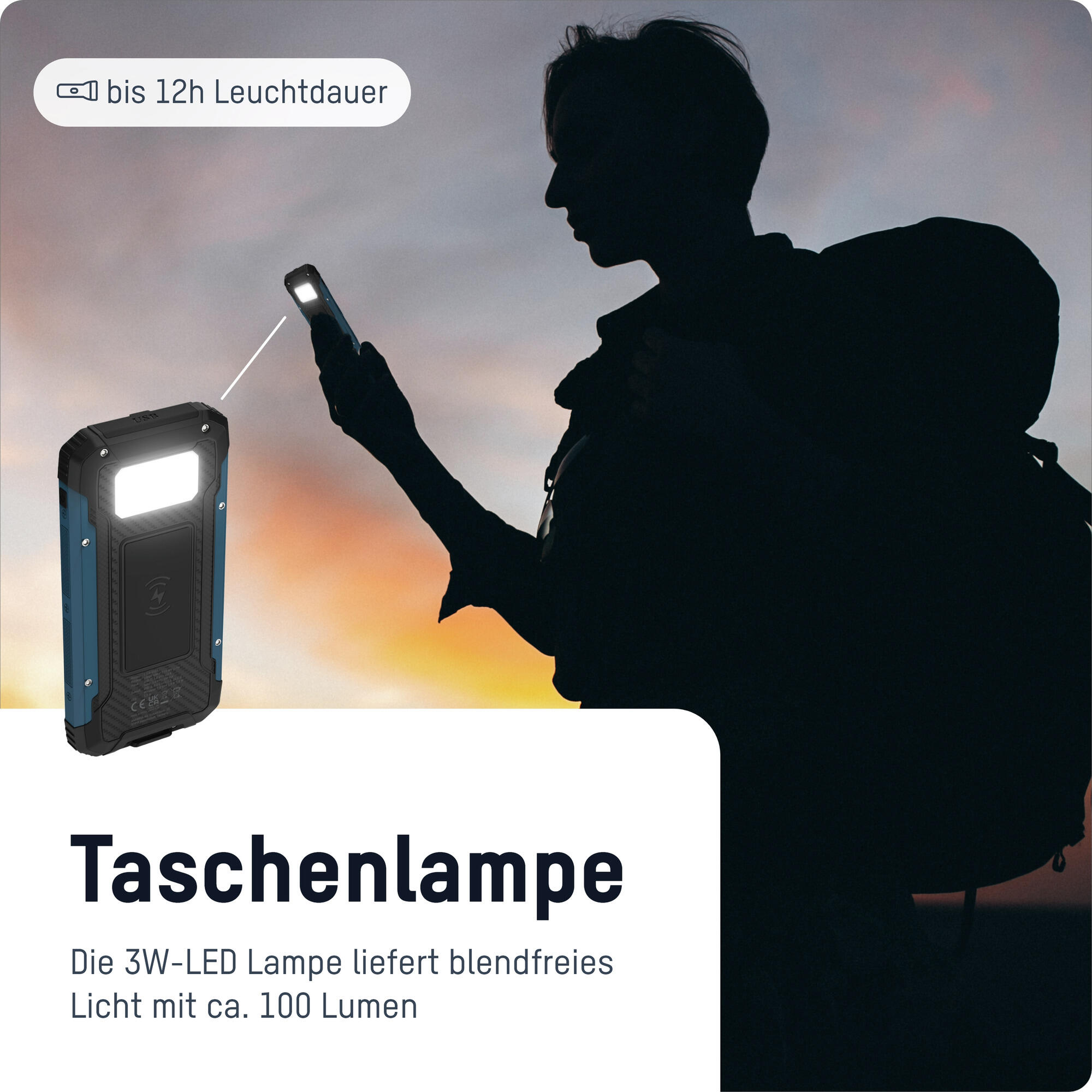 Solar Powerbank 10000mAh, Outdoor Ladegerät, mit Taschenlampe 4/5