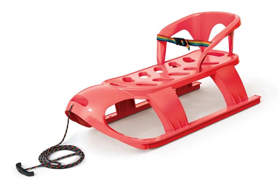 Sanie Bezzy, rosie, cu scaun ergonomic pentru copii, sina alunecare din otel