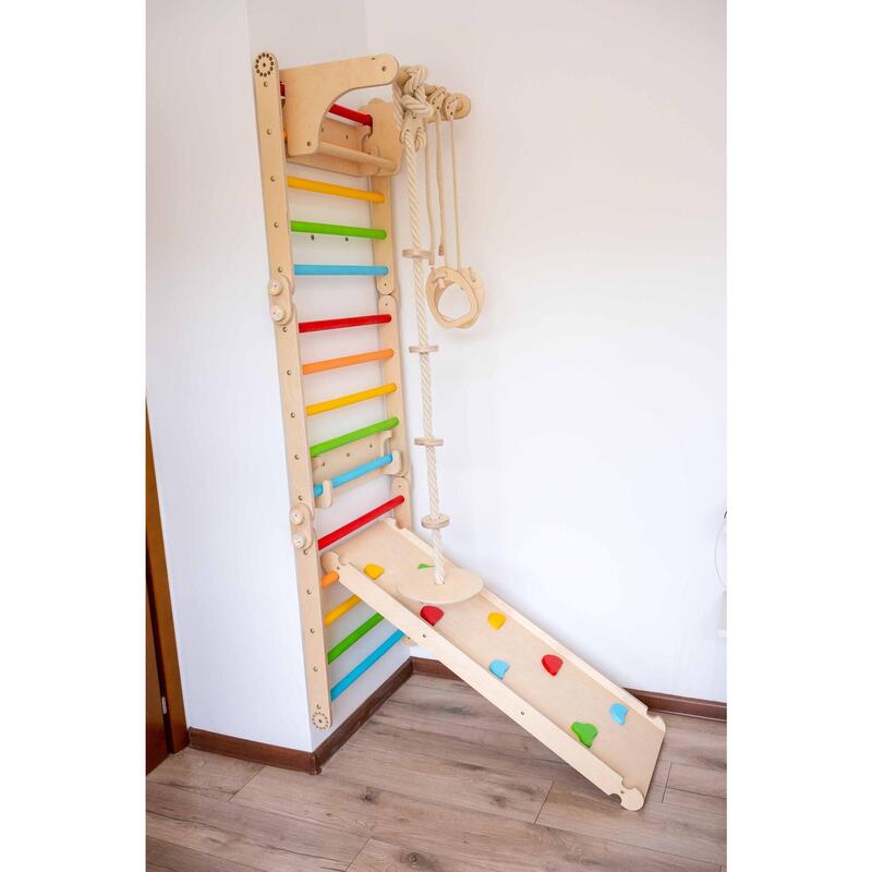Perete suedez cu inele de gimnastică, rampă 2in1, Leagăn și Frânghie de Cățărare