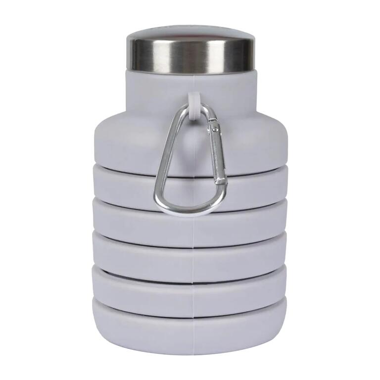 Grey collapsible silicone water bottle with metal lid and carabiner