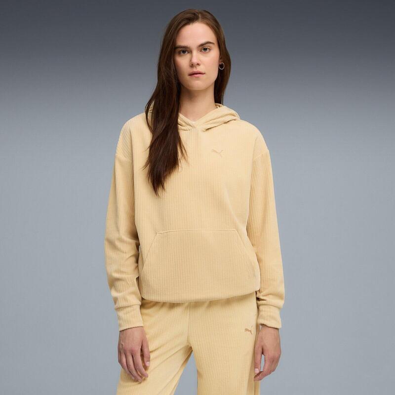 Hanorac femei Puma Ess Elevated Comfort Velour Rib Hoodie, Bej