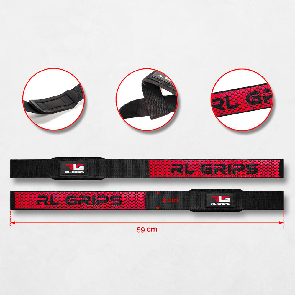 Straps de Musculación + Muñequeras de Gimnasio RL Grips Rojo y Negro 4/7