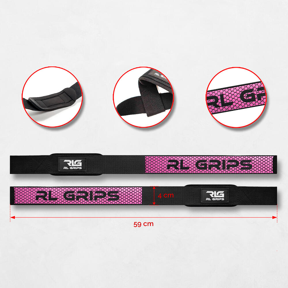 Straps de Musculación + Muñequeras de Gimnasio RL Grips Rosa y Negro 4/7