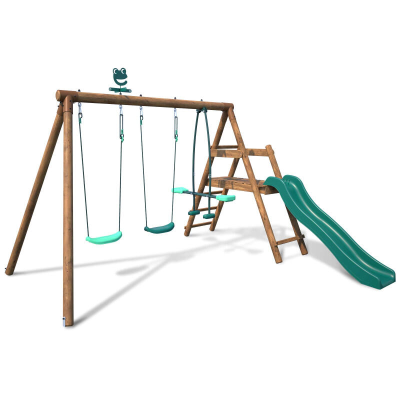Soulet - Portique En Bois Rond 3 Agrès Avec Face À Face Et Toboggan Bas Figue - Balançoire - Taille Unique - Decathlon