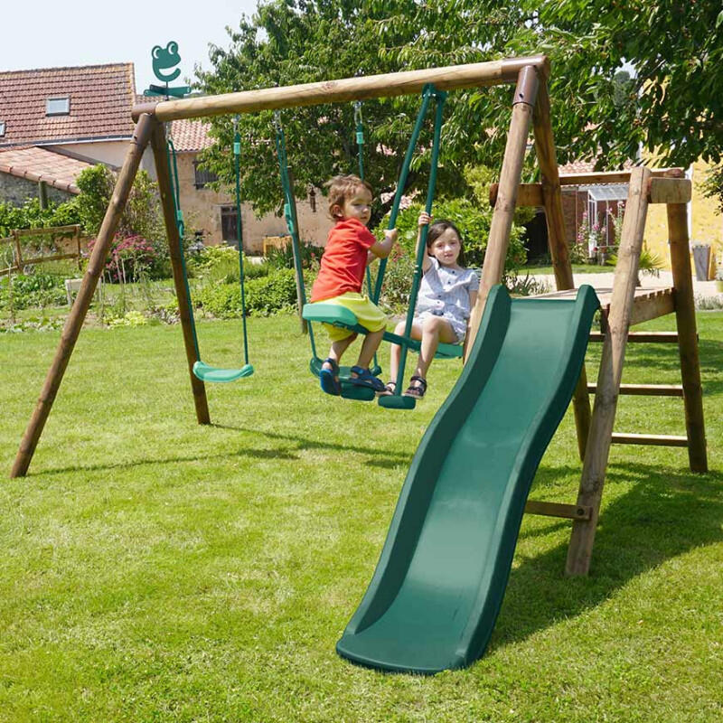 Portique en bois rond 3 agrès avec face à face et toboggan bas FIGUE 3/5