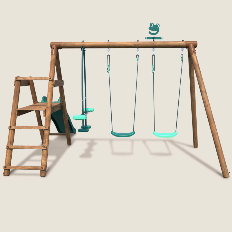 Portique en bois rond 3 agrès avec face à face et toboggan bas FIGUE 2/5