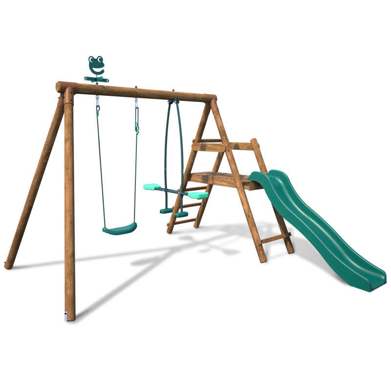 Portique en bois rond 2 agrès avec balançoire et face à face MENTHE 1/5