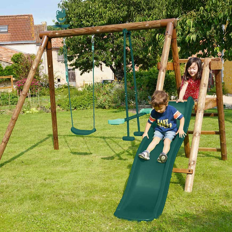 Portique en bois rond 2 agrès avec balançoire et face à face MENTHE 3/5