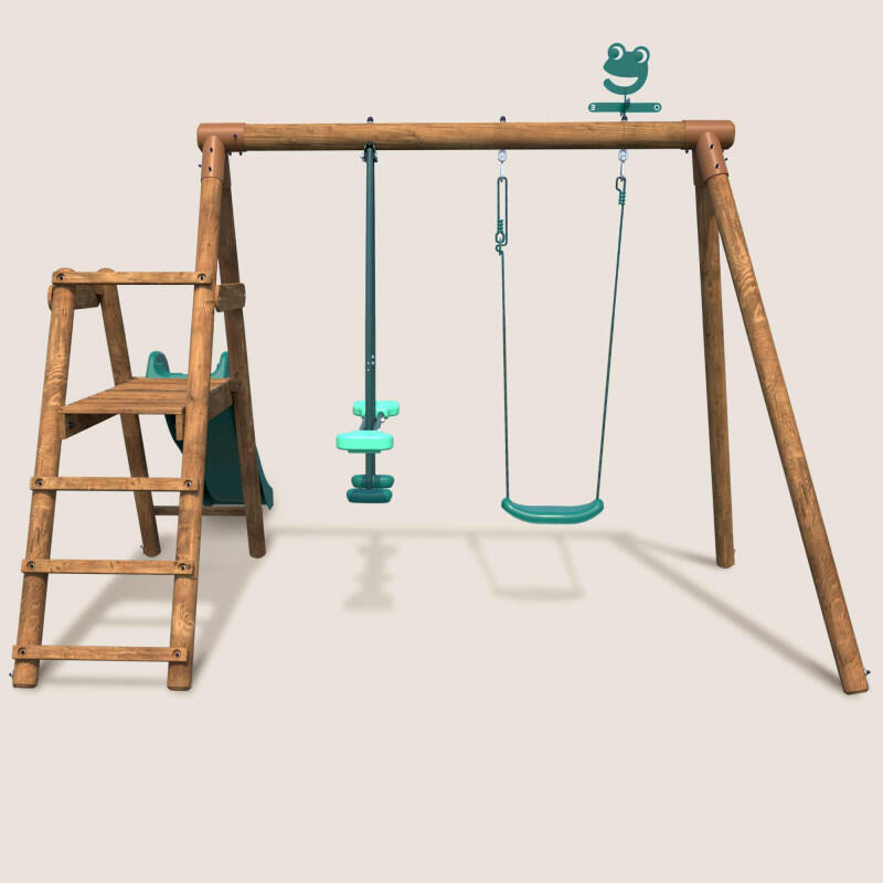 Portique en bois rond 2 agrès avec balançoire et face à face MENTHE 2/5