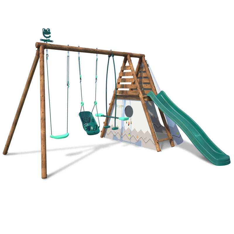 Portique en bois rond 3 agrès avec balançoire bébé, tipi et toboggan CAMELIA 1/5