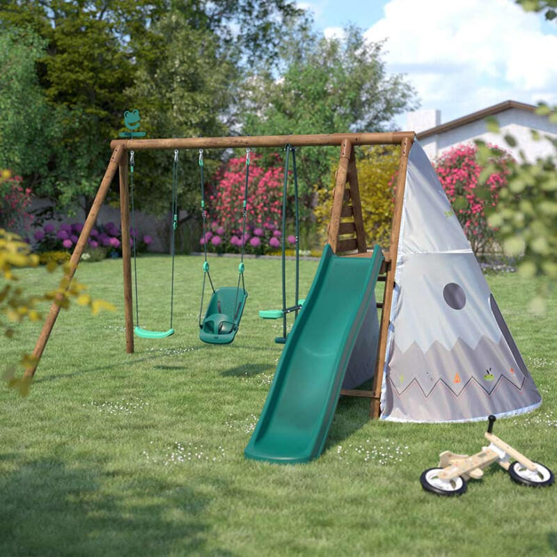 Portique en bois rond 3 agrès avec balançoire bébé, tipi et toboggan CAMELIA 3/5