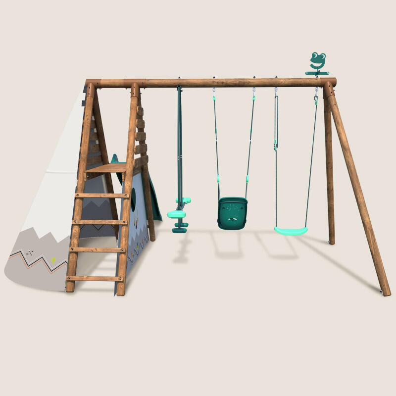 Portique en bois rond 3 agrès avec balançoire bébé, tipi et toboggan CAMELIA 2/5