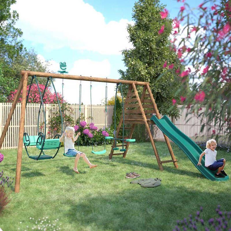 Portique en bois rond 4 agrès avec face à face et toboggan JACINTHE 3/5