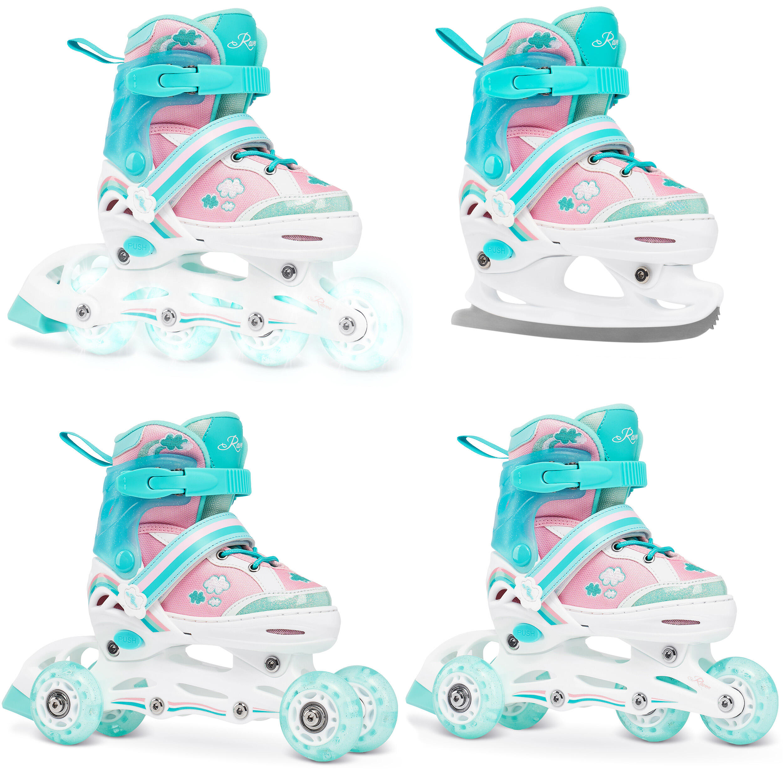 Raven - Patins À Roulettes Patins Ajustables 4in1 Raven Zoya Roue Led - Rollers En Ligne - Blanc|rose|vert - Decathlon