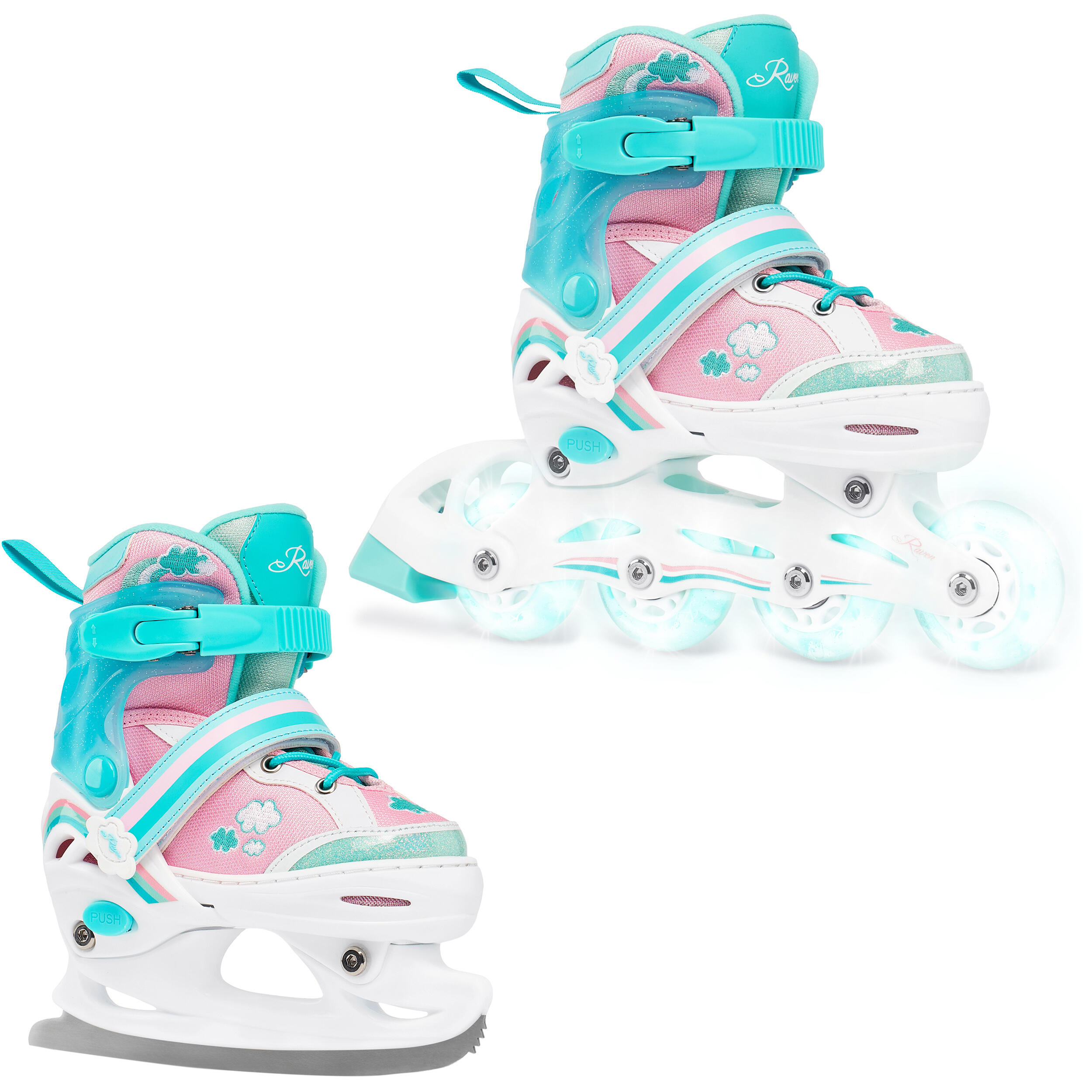 Raven - Raven Zoya 2-en-1 Patins À Roulettes Ajustables Led Roues Lumineuses - Rollers En Ligne - Blanc|rose|vert - Decathlon