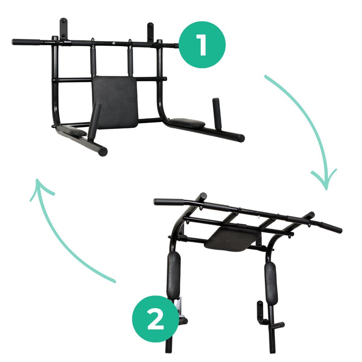 Unisex Sport Optrekstang wandmontage 3-in-1 met dipstation en rugleuning Zwart 6/7