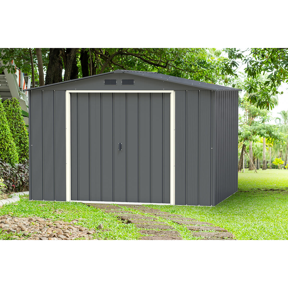 Caseta cobertizo Eco Gandía 10×8 metal gris antracita 3/7
