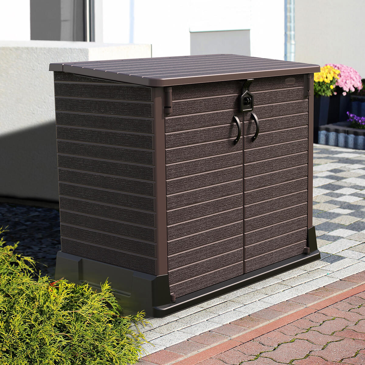 Arcón cubre cubos exterior 850 L PVC marrón 2/7