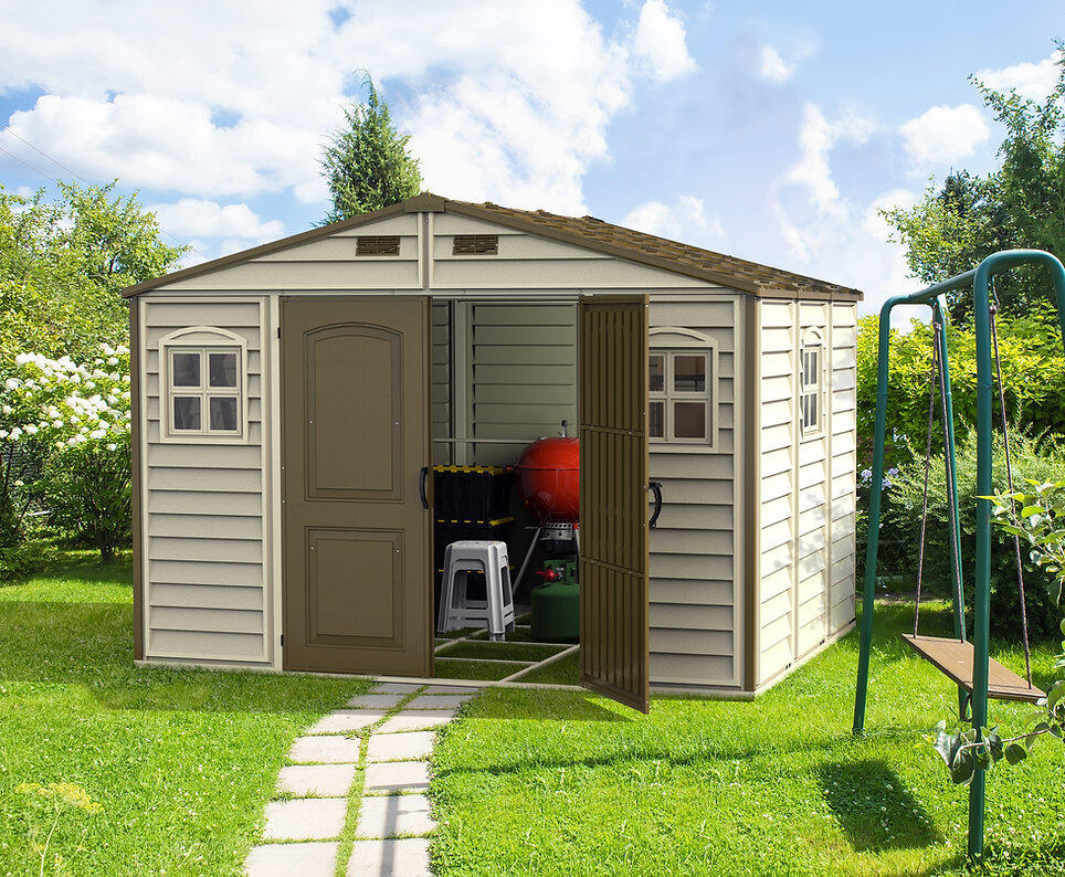 Caseta jardín Woodside 10×8 PVC marfil/marrón 3/5