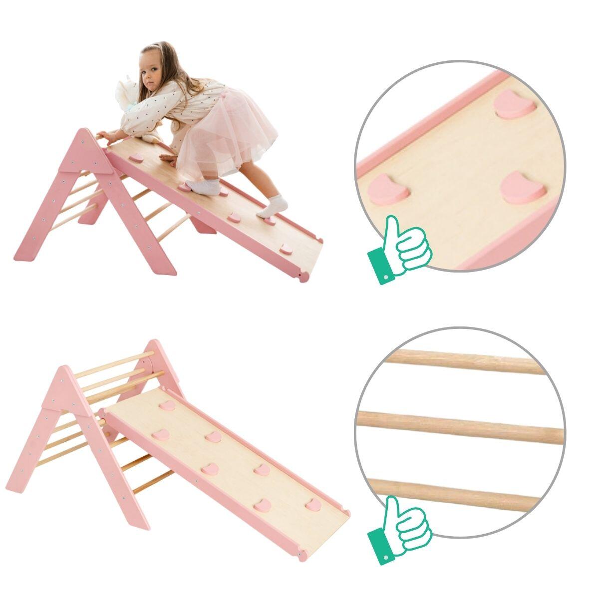 Houten indoor klimrek met klimdriehoek en dubbelzijdige glijbaan voor kinderen 7/7