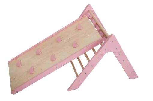 Houten indoor klimrek met klimdriehoek en dubbelzijdige glijbaan voor kinderen 5/7