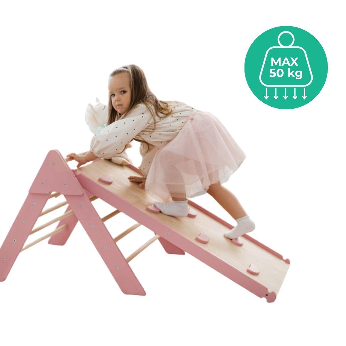 Houten indoor klimrek met klimdriehoek en dubbelzijdige glijbaan voor kinderen 6/7